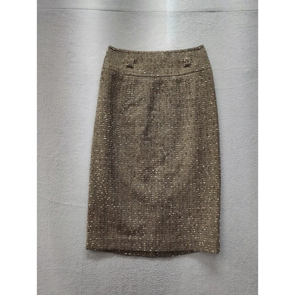 Etcetera Brown Herringbone Tweed Wool Blend Pencil Skirt Size 2 Professional